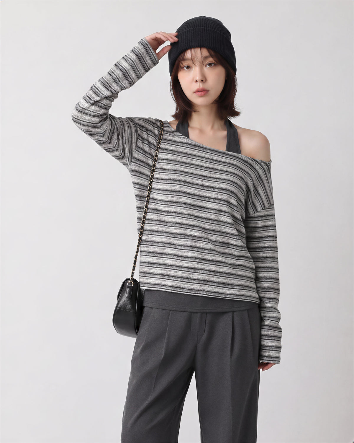 【全2色】S~XL アシンメトリーショルダー 肌見せ ボーダー フェイクレイヤードTシャツ