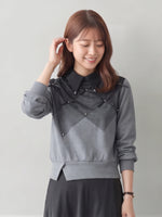 【秋新作】S~XL ダイヤ柄切り替え リボン付き 襟付き フェイクレイヤード スウェット
