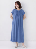 M~2XL プリーツ入りクルーネック ゆったりミディ丈ワンピース