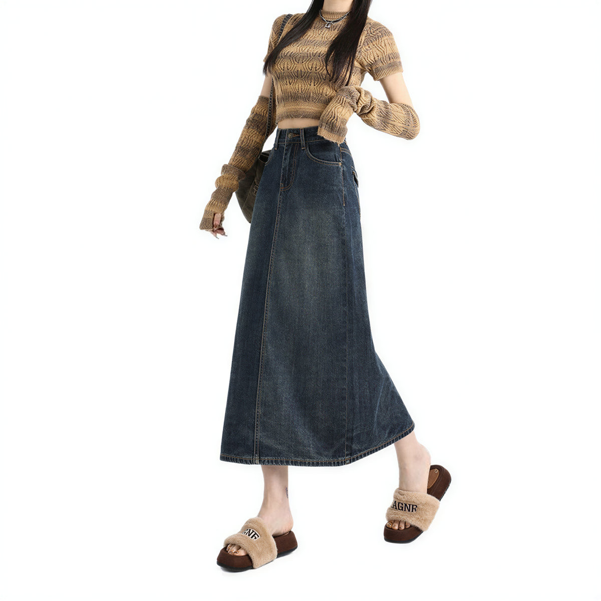 ハイウエスト ストレート スリット デニムスカート