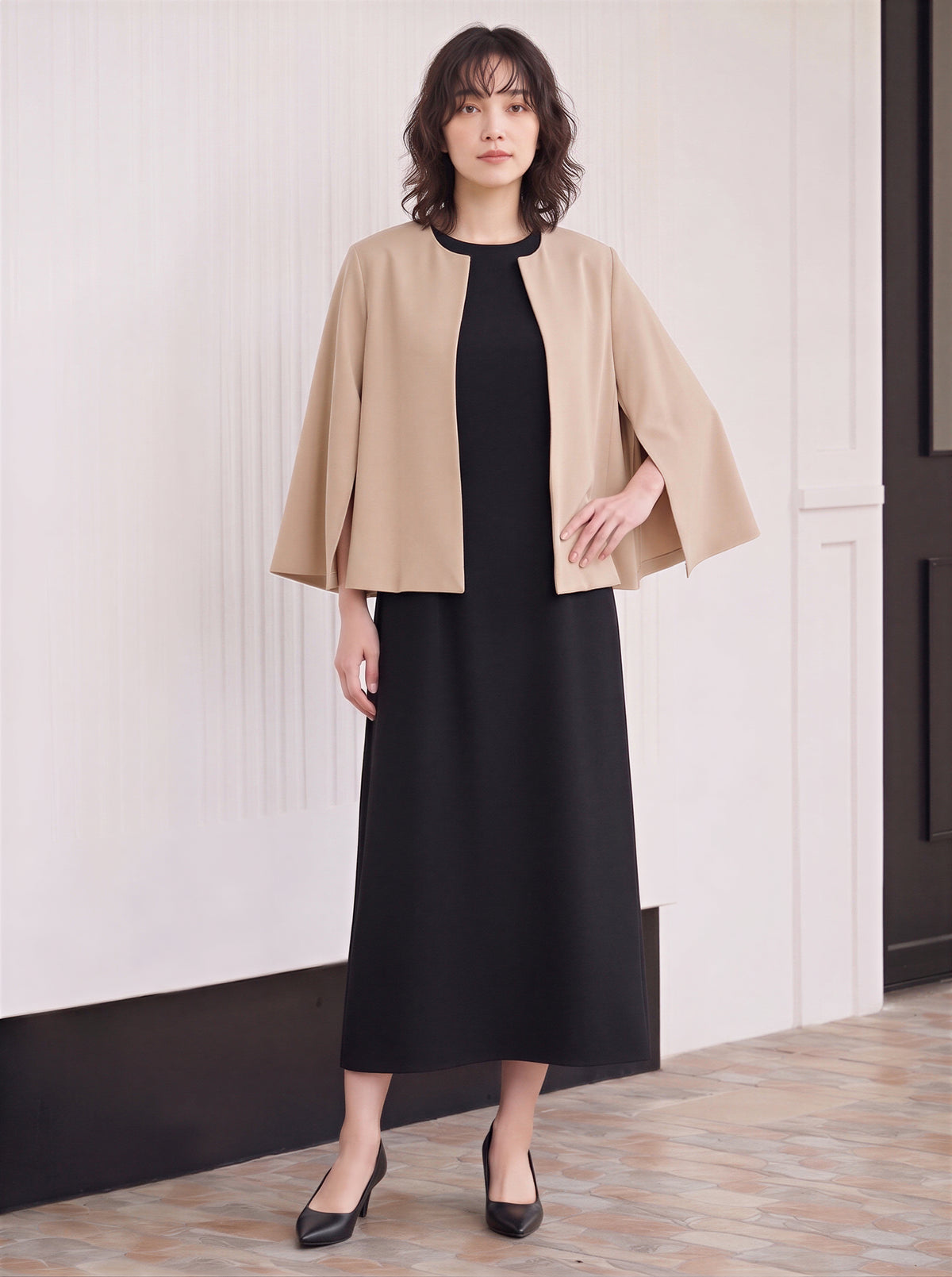 【秋新作】【全2色】S~2XL シンプルオープンフロントジャケット×ワンピース 2点セット