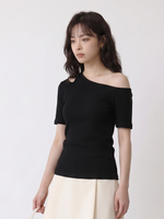 アシンメトリーショルダー 肩見せ カットアウト スリムTシャツ