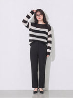 M~4XL 白黒ボーダー 透かし編み ルーズニット