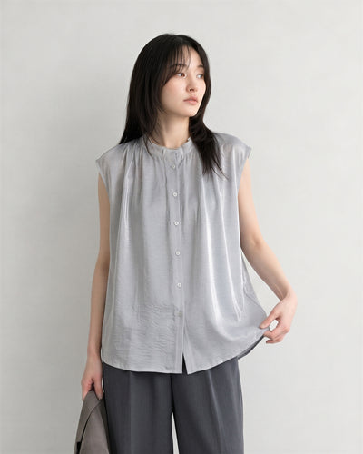 グレー スタンドカラー タック入り ゆったり ノースリーブシャツ-グレー-2XL