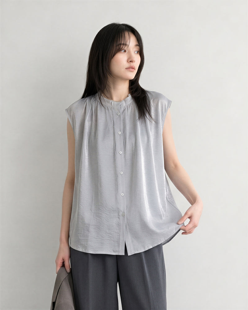 グレー スタンドカラー タック入り ゆったり ノースリーブシャツ-グレー-2XL