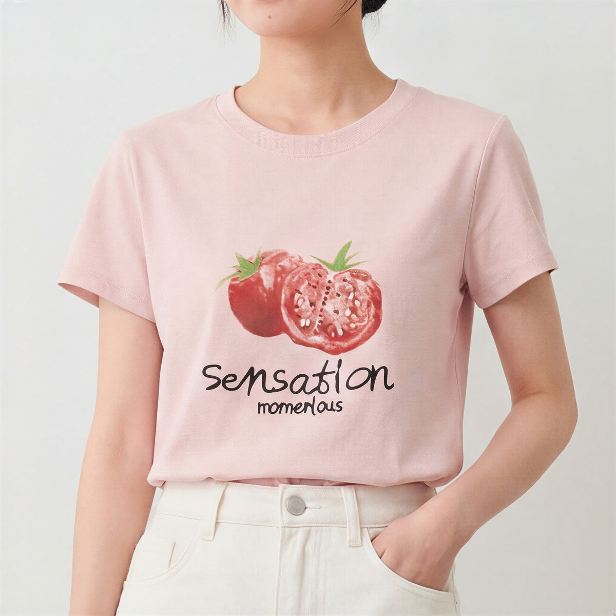 ライトピンク フルーツプリント クルーネック半袖Tシャツ