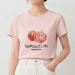 ライトピンク フルーツプリント クルーネック半袖Tシャツ