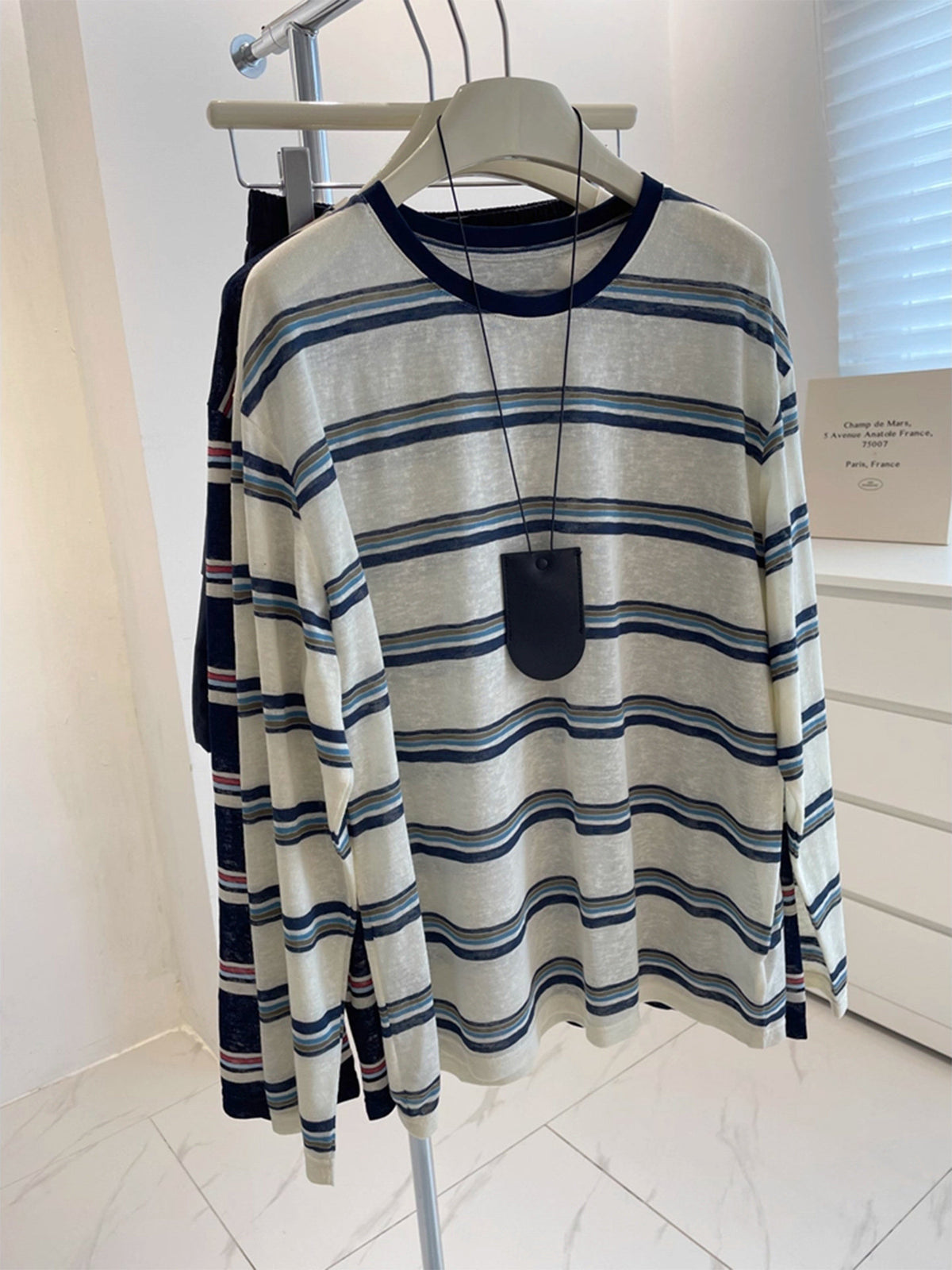 S~XL ボーダー クルーネック ゆったりTシャツ