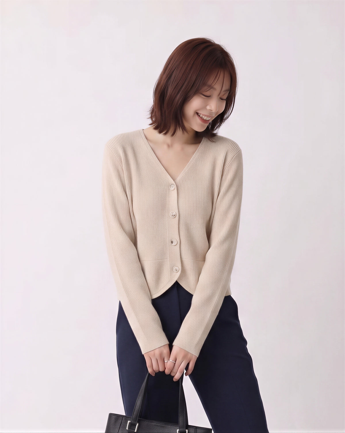 【全2色】S-2XL Vネック ラウンドヘム ゆったりニットカーディガン