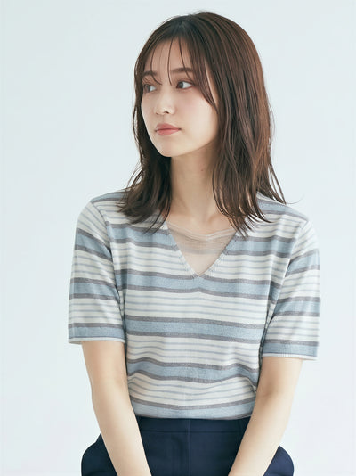 ライトブルーボーダーVネックニット-サックス-L