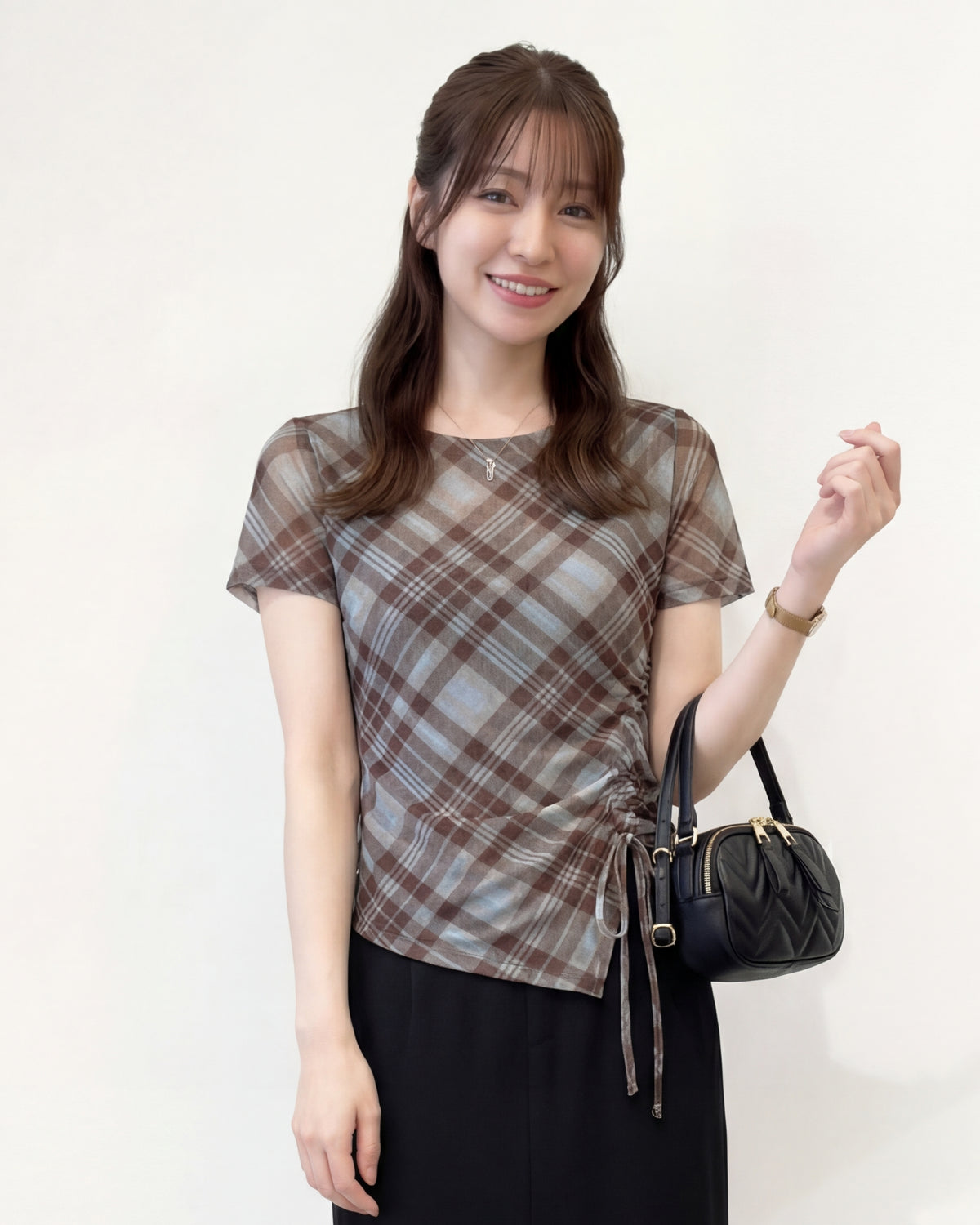 斜めチェック柄 アシンメトリーヘム ドロストウエスト 半袖Tシャツ