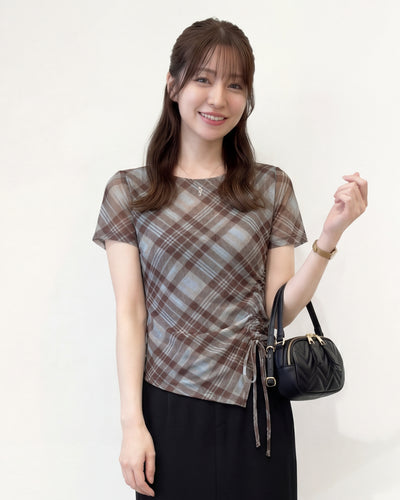斜めチェック柄 アシンメトリーヘム ドロストウエスト 半袖Tシャツ