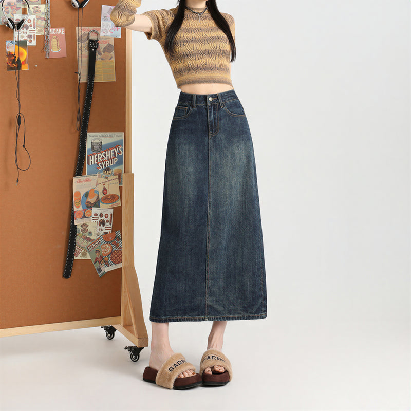 ハイウエスト ストレート スリット デニムスカート