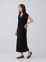【全2色】M~2XL レイヤードVネック ストレート ロングワンピース