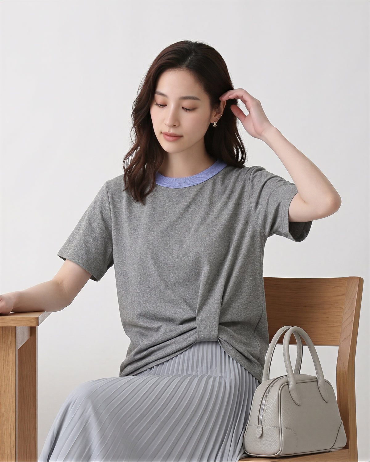 配色クルーネック サイドツイスト 半袖Tシャツ-グレー-XL