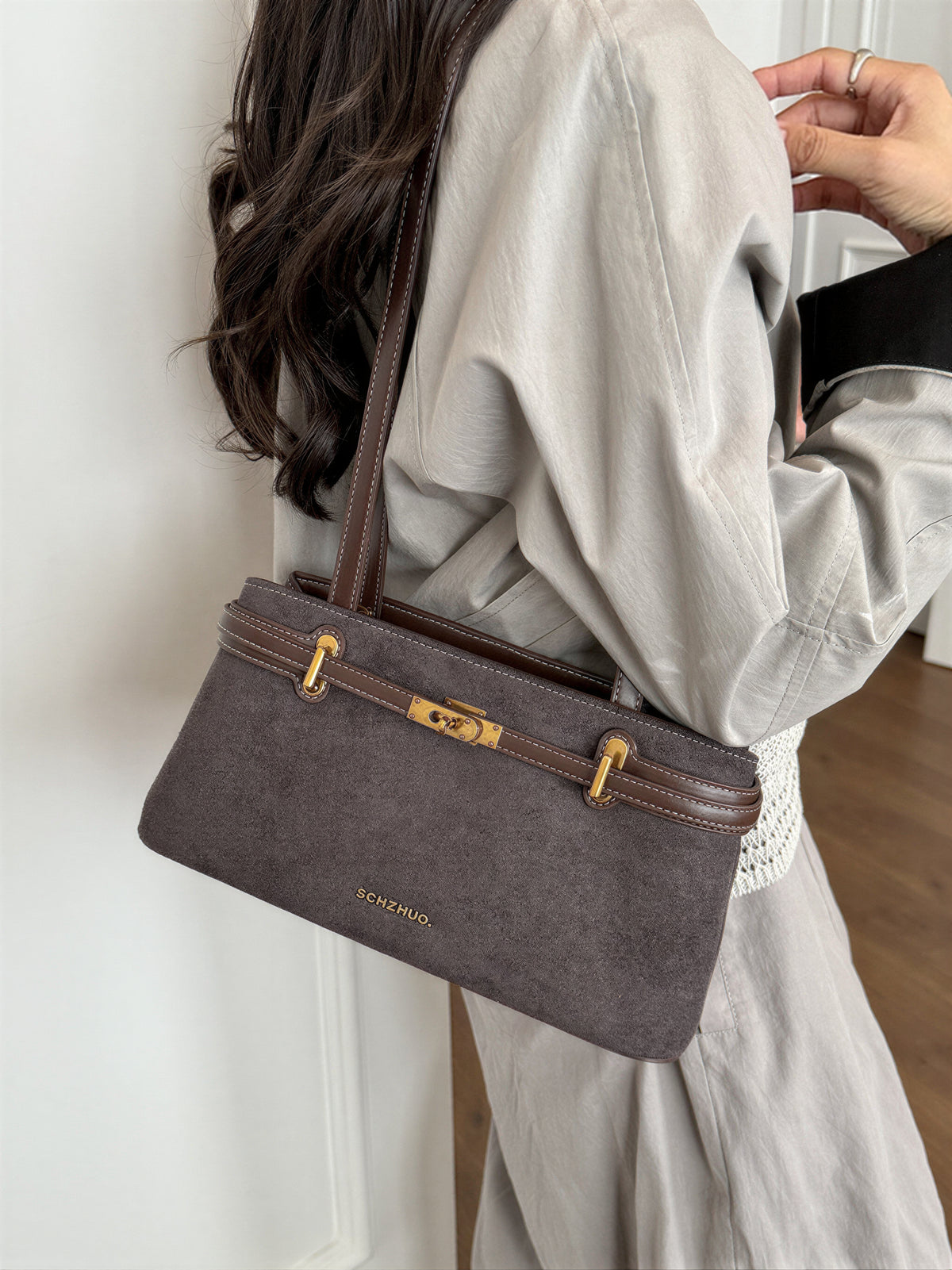 レトロ金具 配色ステッチ ロングショルダーストラップ 脇下バッグ-グレー-FREE