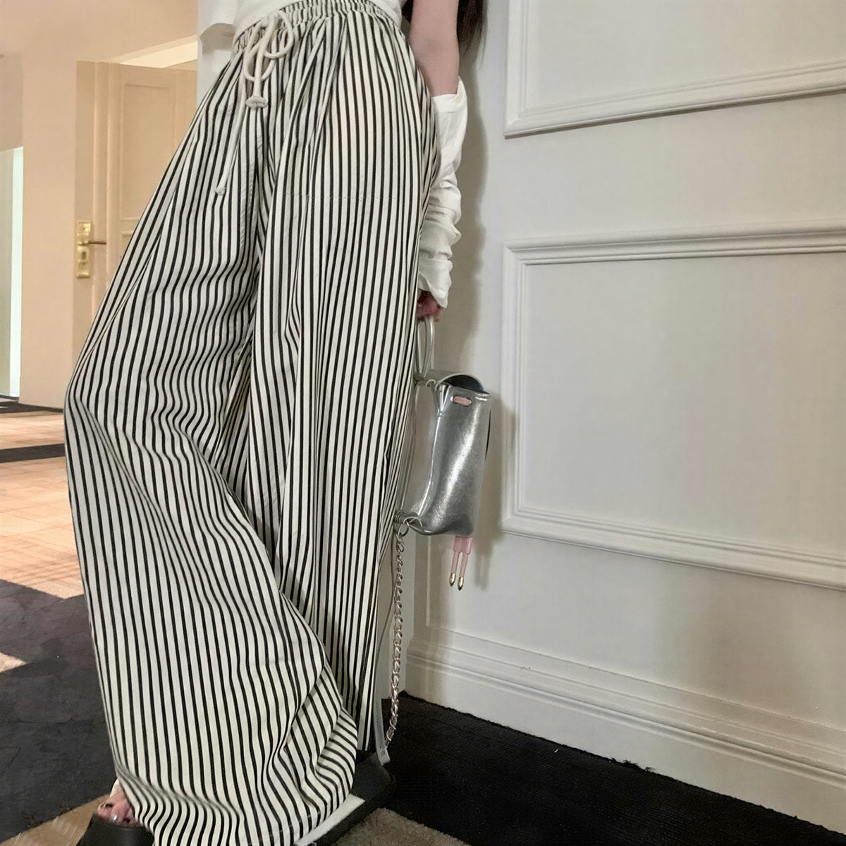 縦ストライプ ドローストリング ワイドパンツ-ブラック ストライプ-4XL