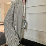 縦ストライプ ドローストリング ワイドパンツ-ブラック ストライプ-4XL