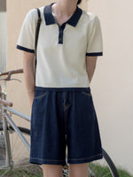 配色POLO襟ショート丈ニットトップス