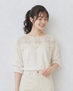 M~2XL カットワークレース切り替え パフスリーブブラウス