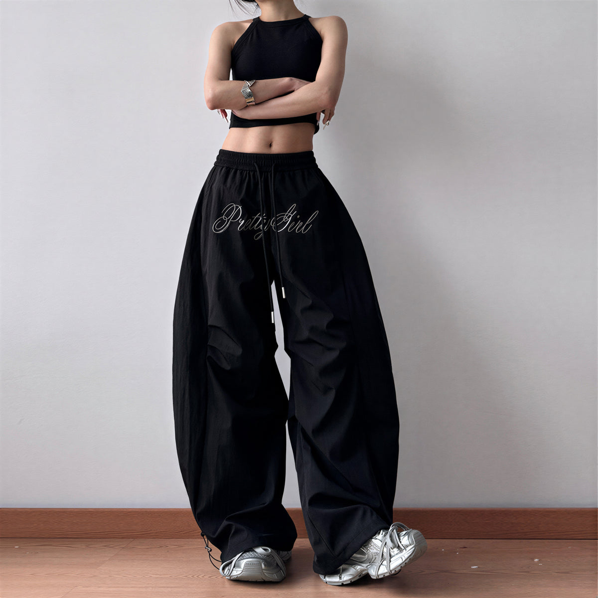 S-XL ウエストゴム ドローストリング ワイドカーゴパンツ
