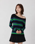 オフショルダーボーダースリムTシャツ-グリーン-XL