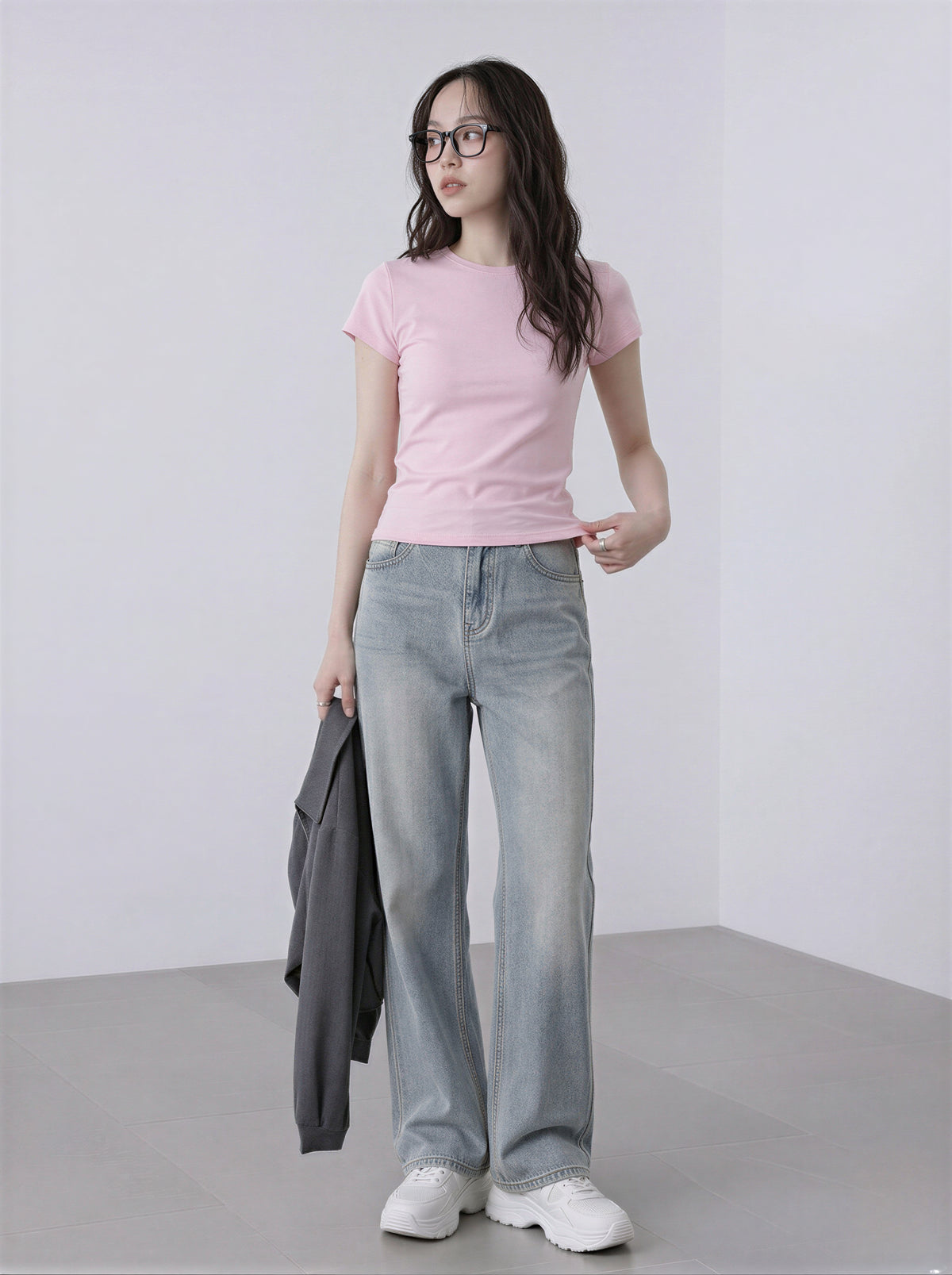 美シルエット見え クルーネック 半袖Tシャツ