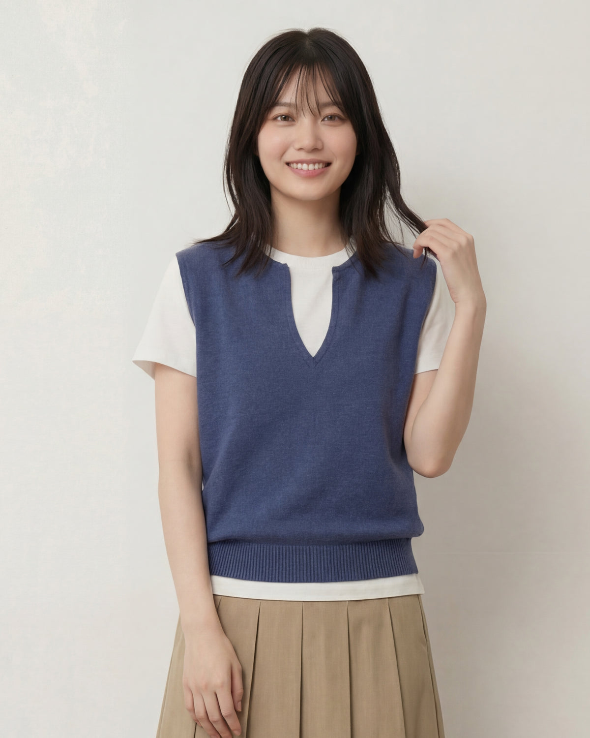 Vネックスリット 配色切り替え リブ仕上げ フェイクレイヤード 半袖Tシャツ
