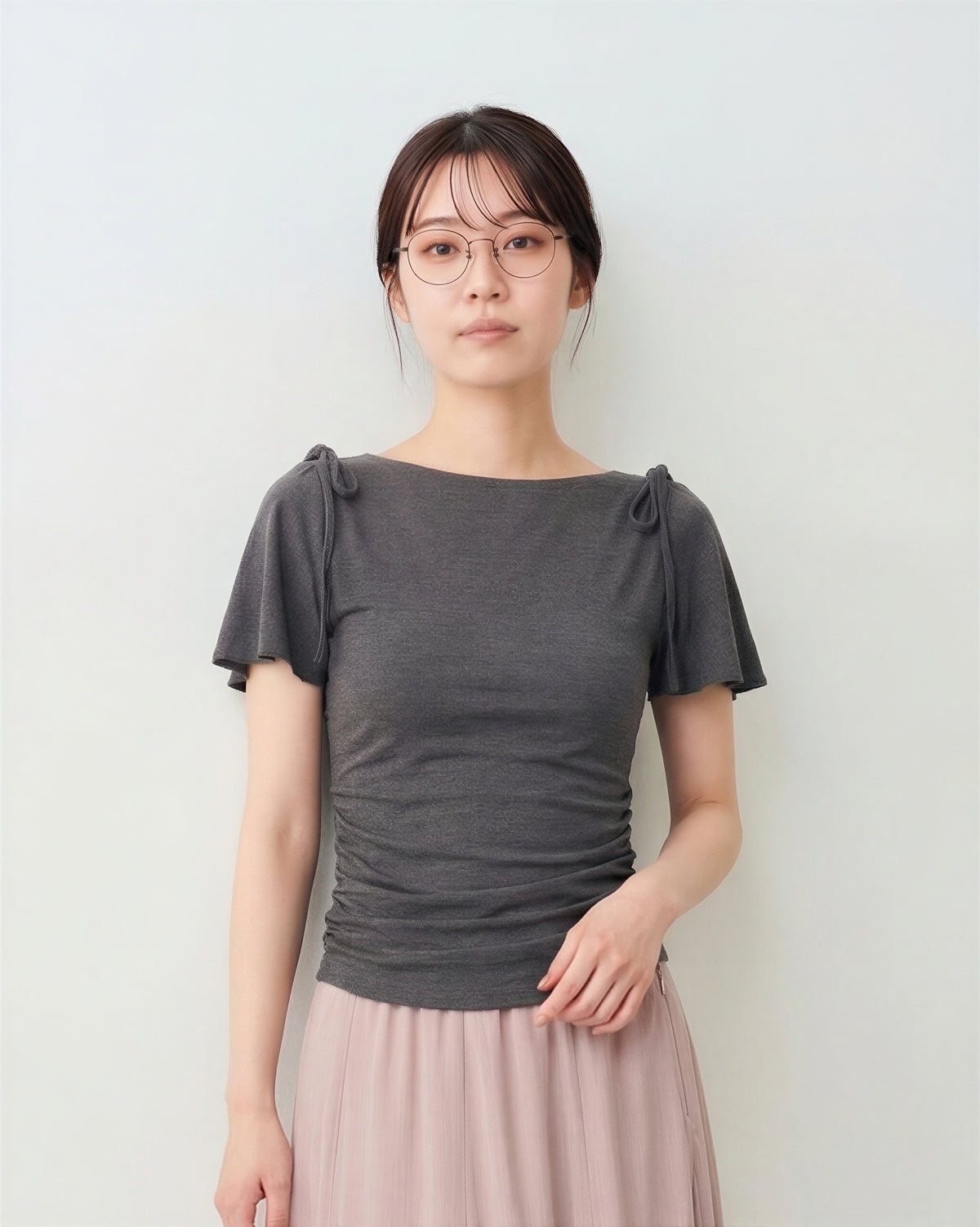 オフショル風ボートネック ウエストギャザー フリルフレアスリーブ 半袖Tシャツ