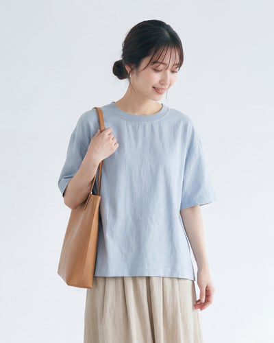 ライトブルー 肩落ち ゆったり クルーネック 半袖Tシャツ-サックス-2XL