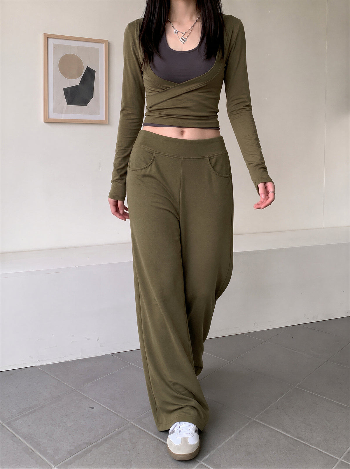 【全3色】S-XL ハイウエスト 落ち感ストレートワイドパンツ