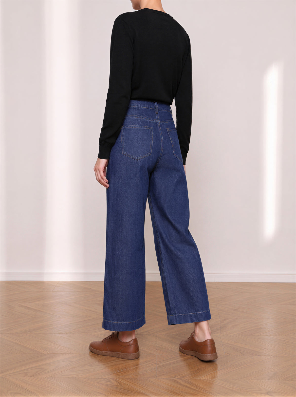 【全2色】S~XL ハイウエスト センターシーム ワイドデニムパンツ