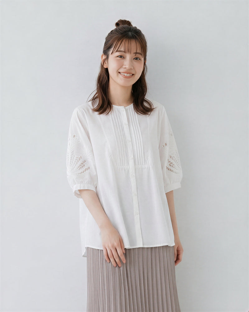 立体プリーツ カットワーク バルーンスリーブブラウス-ホワイト-4XL