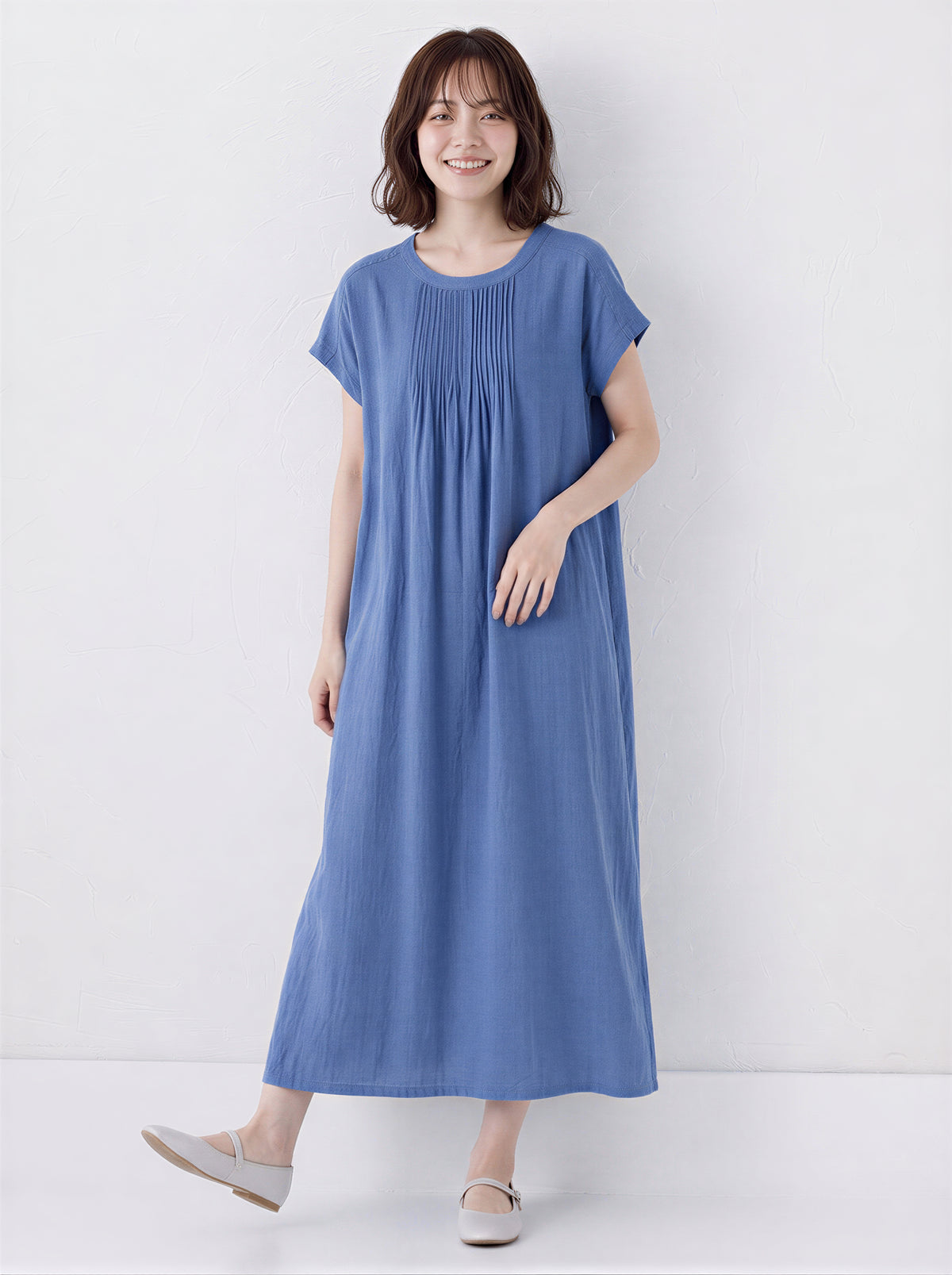 M~2XL プリーツ入りクルーネック ゆったりミディ丈ワンピース