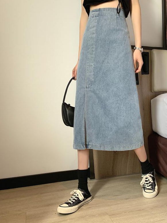 ハイウエスト スリット入り ストレート デニムスカート