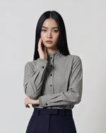 スタンドカラー フリル付き チェック柄 ショート丈シャツ-グレー-2XL