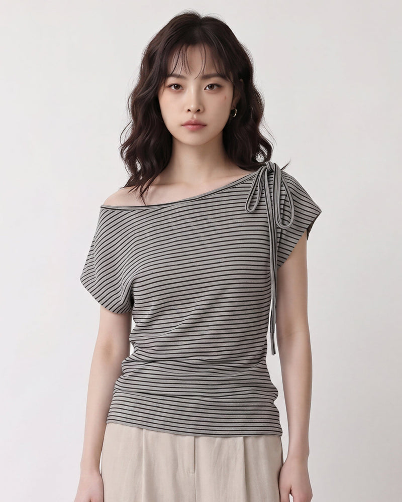 ワンショルダー風リボン付きボーダーTシャツ-グレー-L