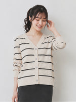 【秋新作】S~2XL Vネック ボーダー 透かし編み ニットカーディガン