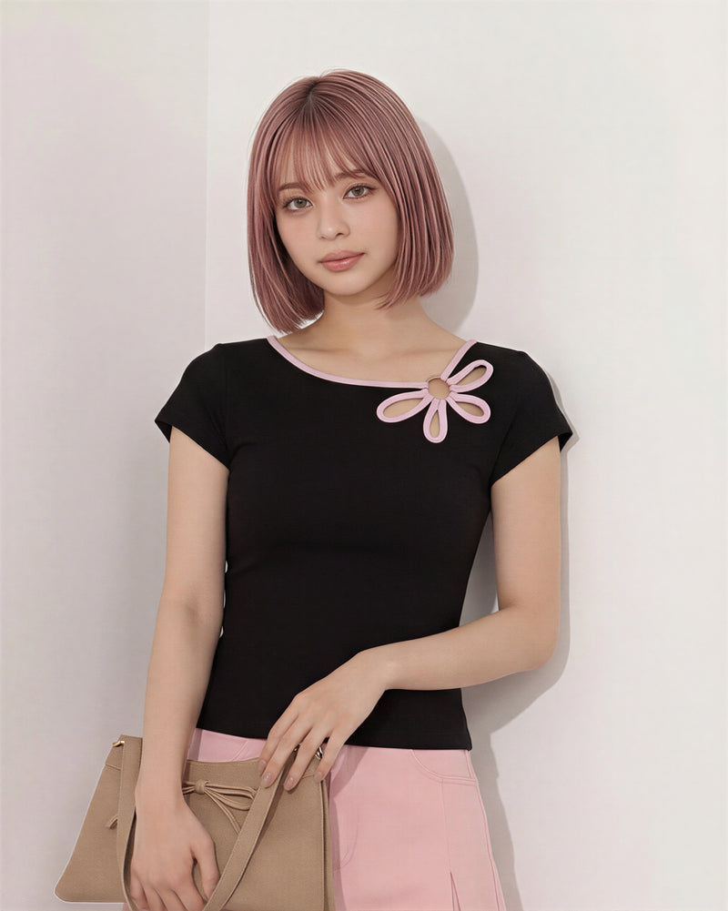 アシンメトリーオフショル風 リボン付きウエストシェイプTシャツ-ブラック-L