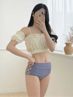 オフショルダー フリル サイドカットアウト セパレート水着-ホワイト-XL