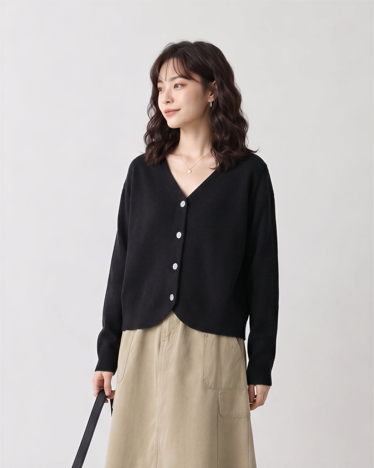 【全2色】S-2XL Vネック ラウンドヘム ゆったりニットカーディガン