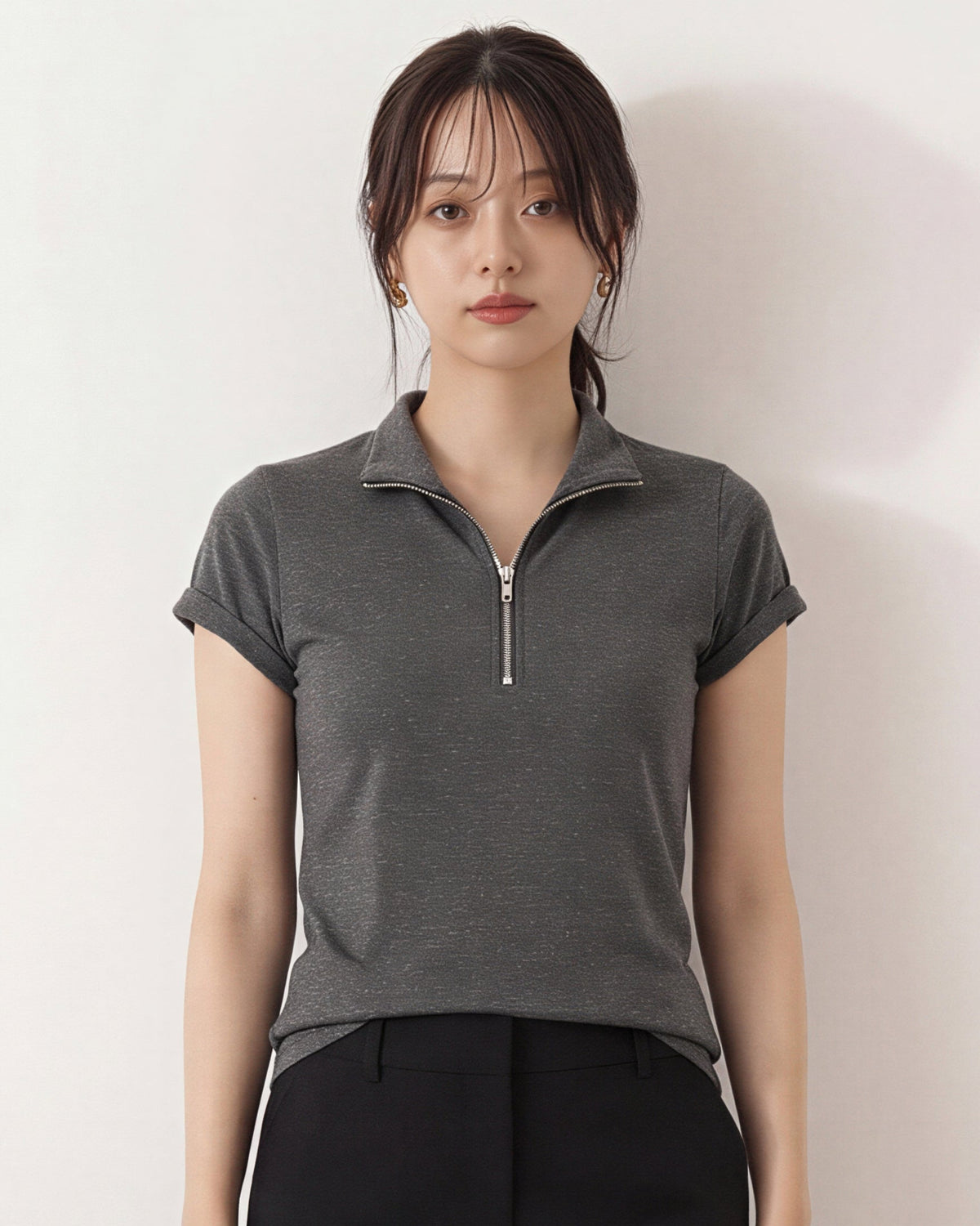 ハーフジップ Vネック フィット 半袖Tシャツ