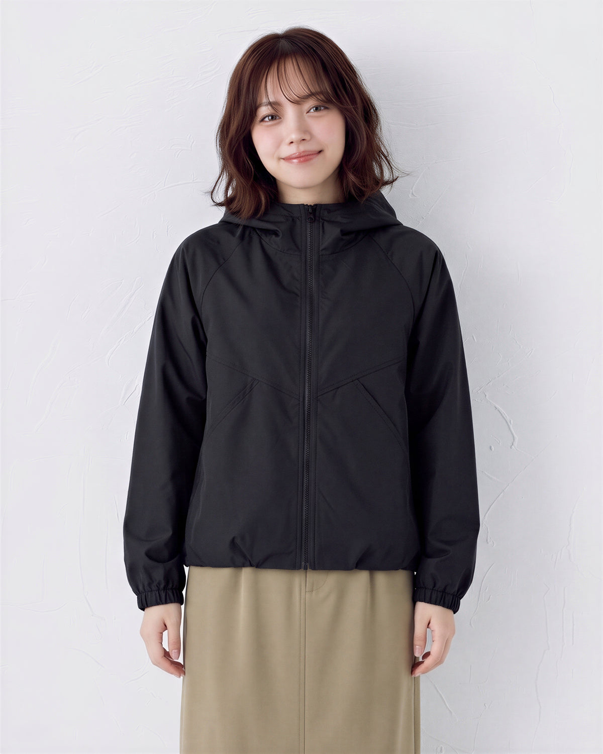 ショート丈 配色切り替えライン ジップアップ フードジャケット-ブラック-2XL
