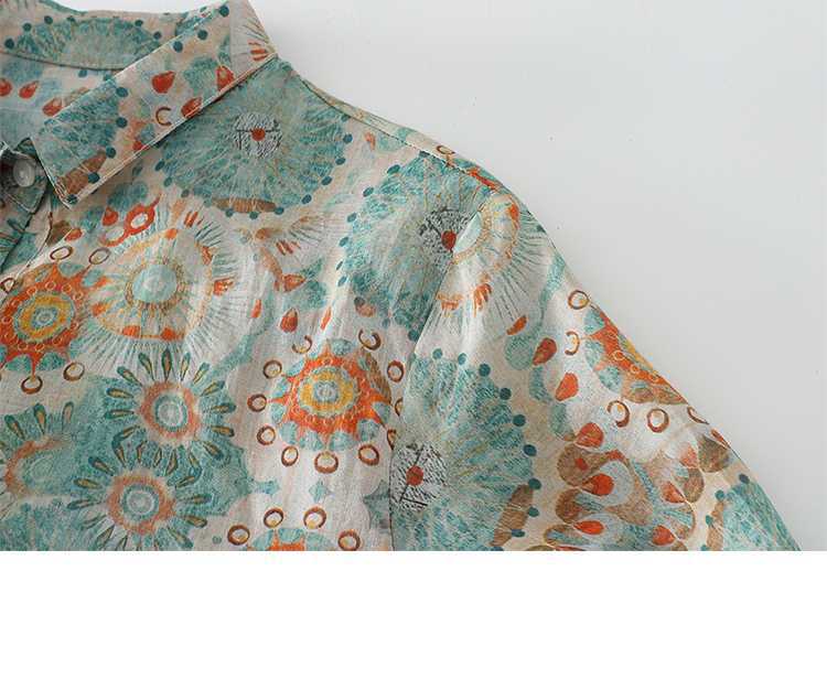 M~2XL ブルー×オレンジプリント ルーズフィット 開襟シャツ