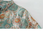 M~2XL ブルー×オレンジプリント ルーズフィット 開襟シャツ