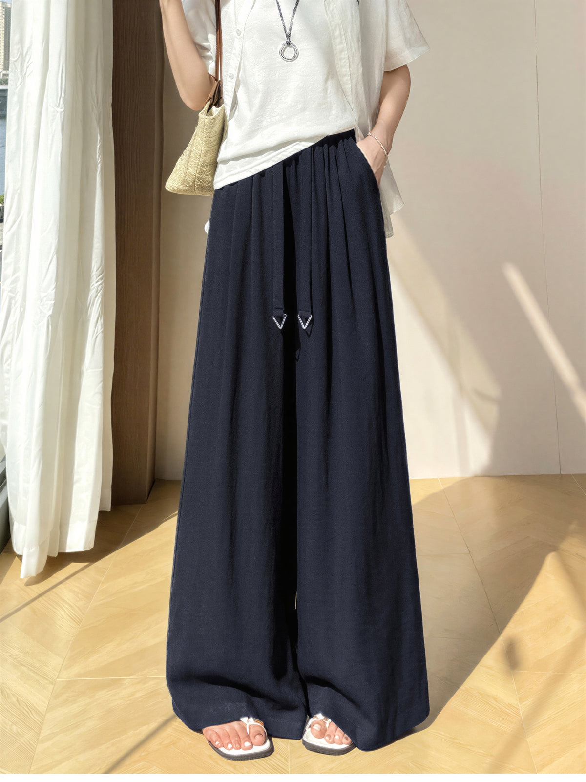 ハイウエスト ドローストリング ドレープワイドパンツ-ダークネイビー-2XL