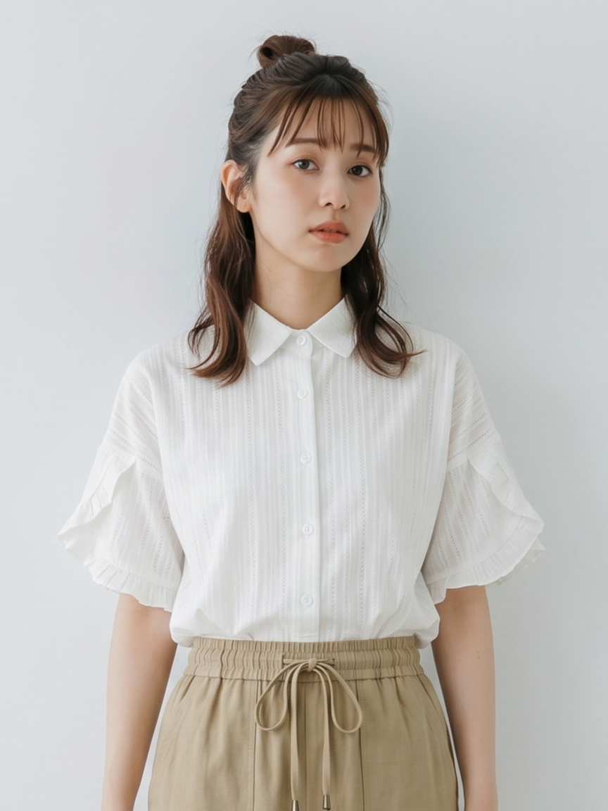 立体縦リブ フリルスリーブ ゆったりシャツ