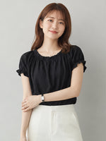 メロウフリルギャザー 半袖トップス-ブラック-2XL
