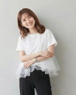ゆったりラウンドネック チュール切り替えTシャツ