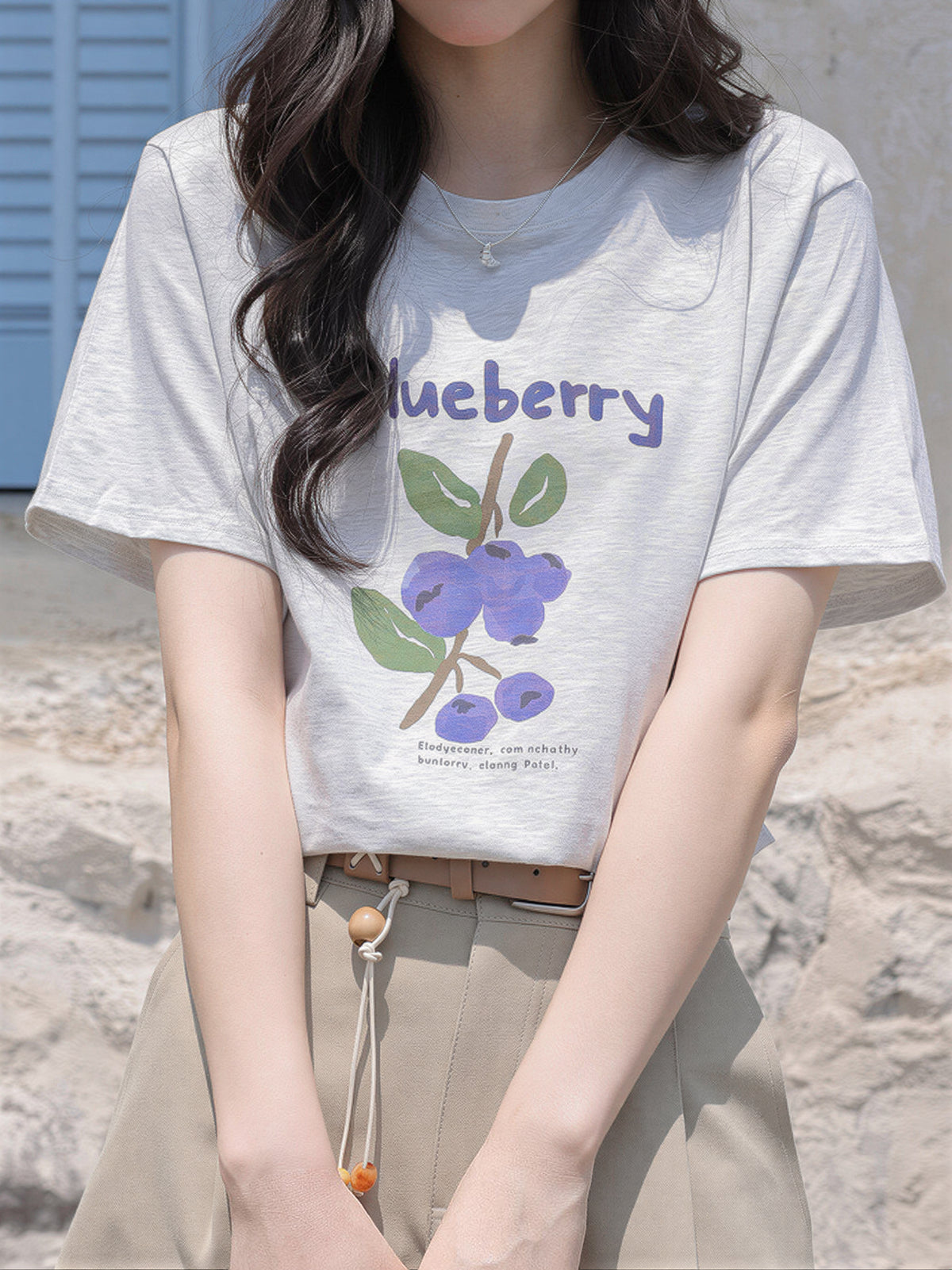 グレー フルーツプリント ルーズTシャツ